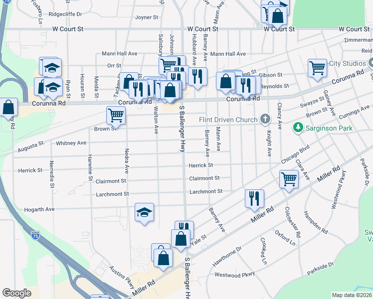 map of restaurants, bars, coffee shops, grocery stores, and more near 1501 South Ballenger Highway in Flint
