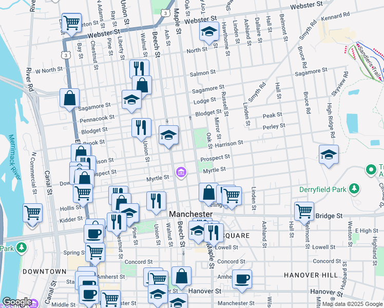 map of restaurants, bars, coffee shops, grocery stores, and more near 182 Prospect Street in Manchester