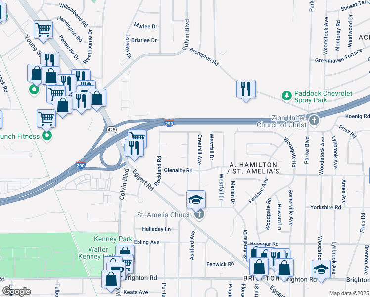 map of restaurants, bars, coffee shops, grocery stores, and more near 16 South Crest Court in Tonawanda