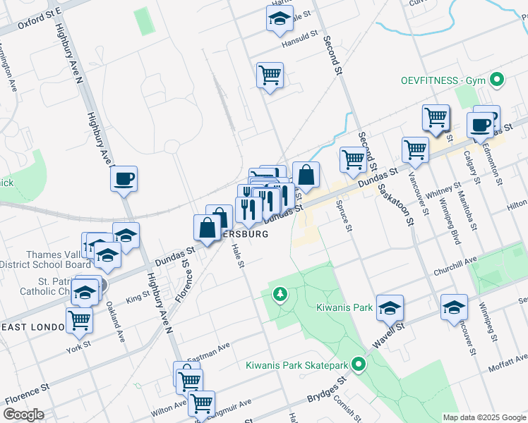 map of restaurants, bars, coffee shops, grocery stores, and more near 1472 Dundas Street in London