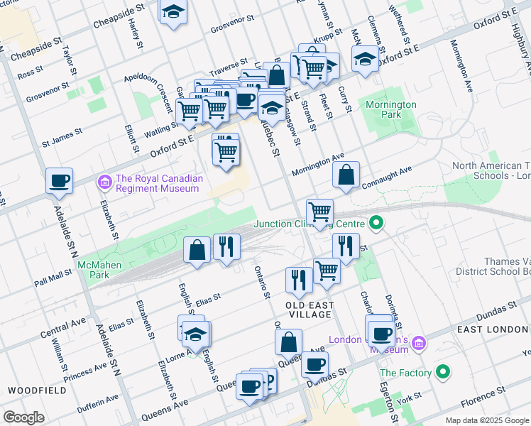 map of restaurants, bars, coffee shops, grocery stores, and more near 721 Quebec Street in London