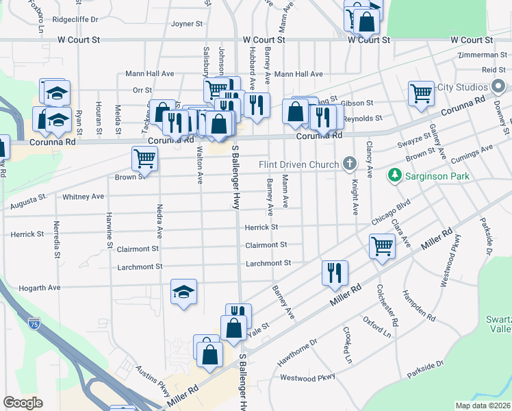 map of restaurants, bars, coffee shops, grocery stores, and more near 3405 Arlene Avenue in Flint