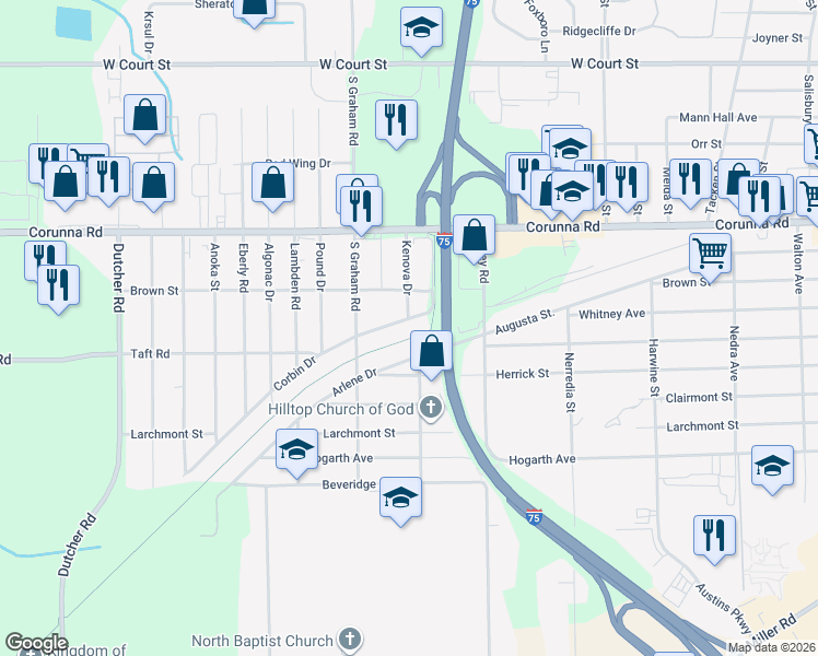 map of restaurants, bars, coffee shops, grocery stores, and more near 3460 Arlene Drive in Flint
