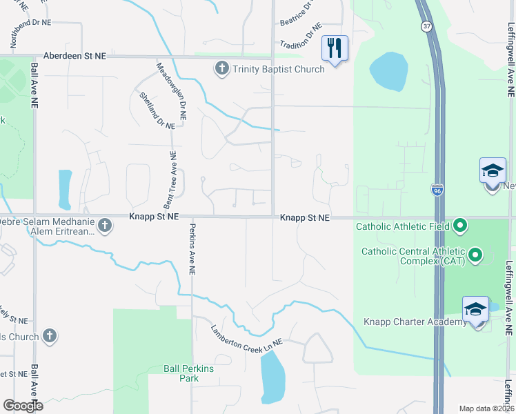 map of restaurants, bars, coffee shops, grocery stores, and more near 2039 Palmerton Court in Grand Rapids