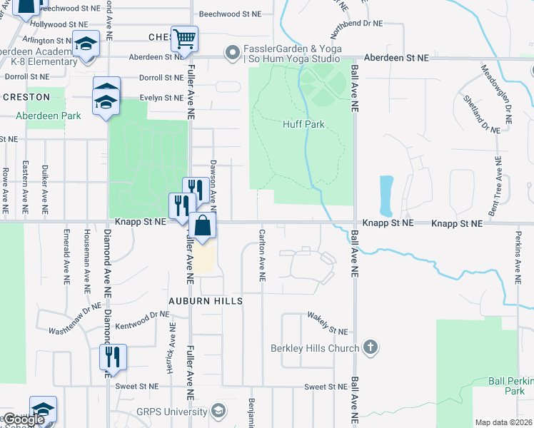 map of restaurants, bars, coffee shops, grocery stores, and more near 1435 Lewison Avenue Northeast in Grand Rapids