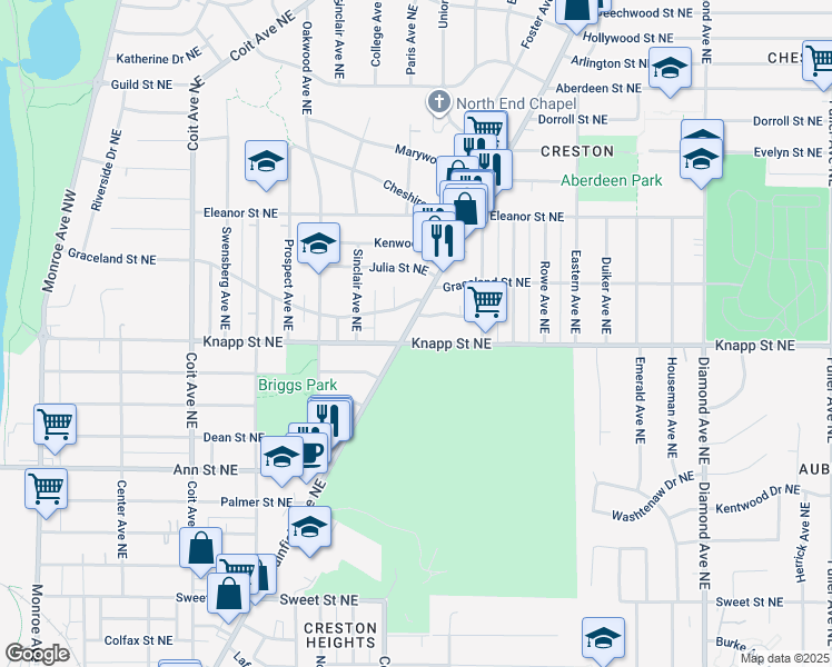 map of restaurants, bars, coffee shops, grocery stores, and more near 509 Knapp Street Northeast in Grand Rapids