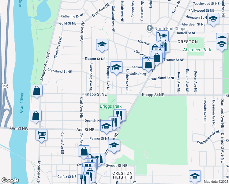 map of restaurants, bars, coffee shops, grocery stores, and more near 345 Knapp Street Northeast in Grand Rapids