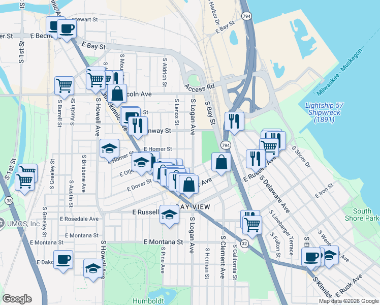map of restaurants, bars, coffee shops, grocery stores, and more near 2521 South Logan Avenue in Milwaukee