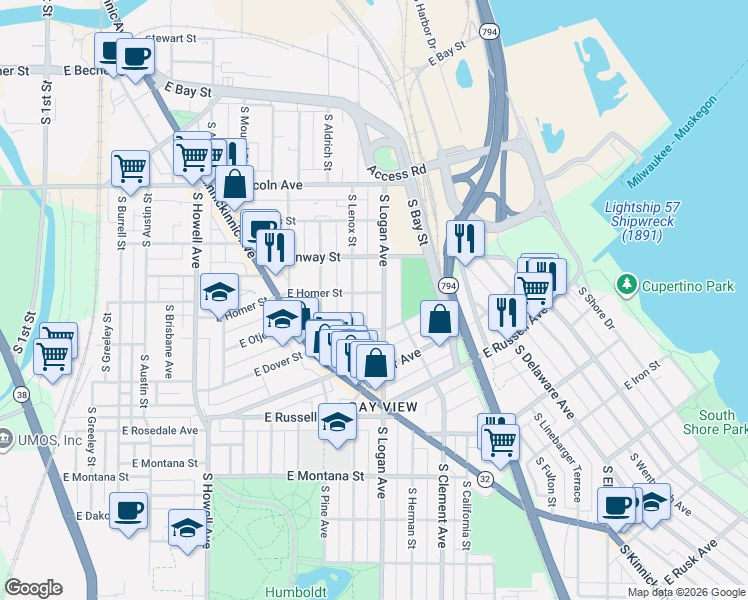 map of restaurants, bars, coffee shops, grocery stores, and more near 2521 South Logan Avenue in Milwaukee
