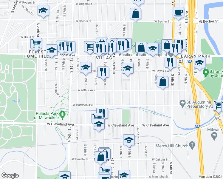 map of restaurants, bars, coffee shops, grocery stores, and more near 2500-2502 South 12th Street in Milwaukee