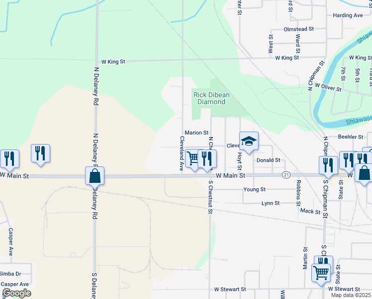 map of restaurants, bars, coffee shops, grocery stores, and more near 131 Babcock Street in Owosso
