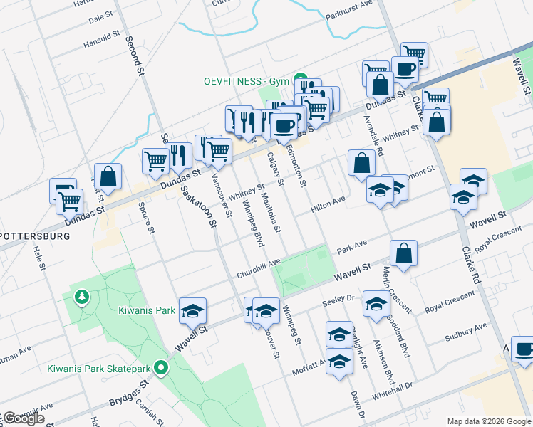 map of restaurants, bars, coffee shops, grocery stores, and more near 345 Manitoba Street in London