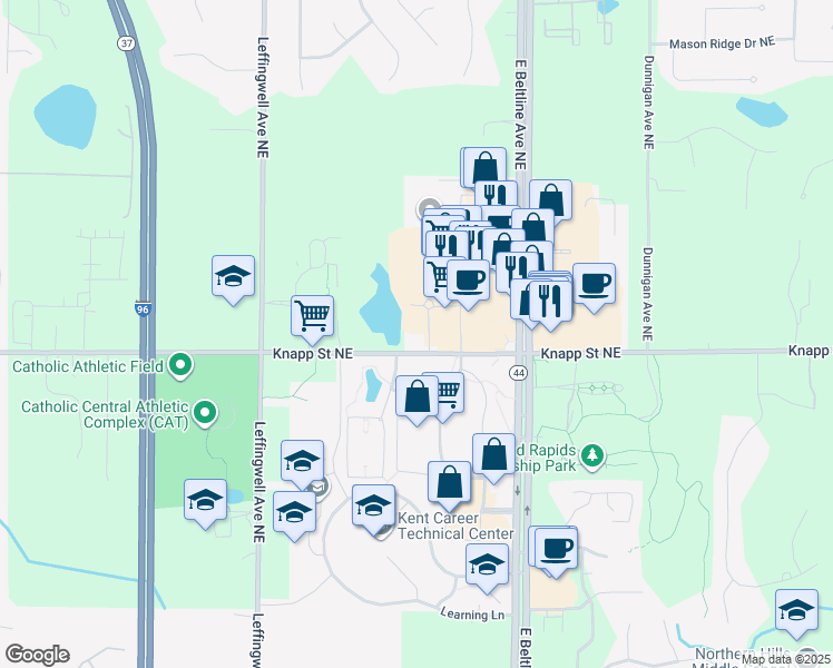 map of restaurants, bars, coffee shops, grocery stores, and more near 3045 Knapp Street Northeast in Grand Rapids