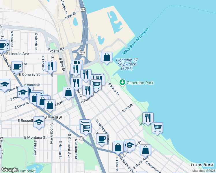 map of restaurants, bars, coffee shops, grocery stores, and more near 2525 South Shore Drive in Milwaukee