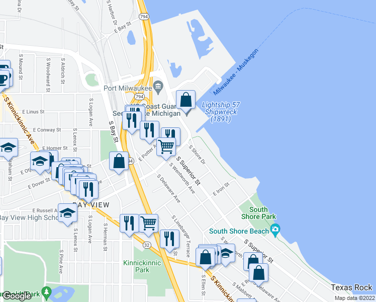 map of restaurants, bars, coffee shops, grocery stores, and more near 2541 South Shore Drive in Milwaukee