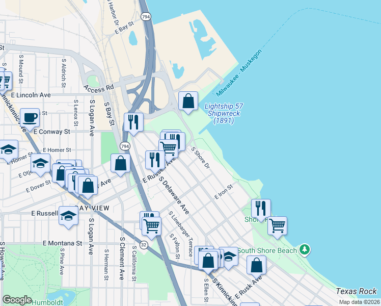 map of restaurants, bars, coffee shops, grocery stores, and more near 2541 South Shore Drive in Milwaukee