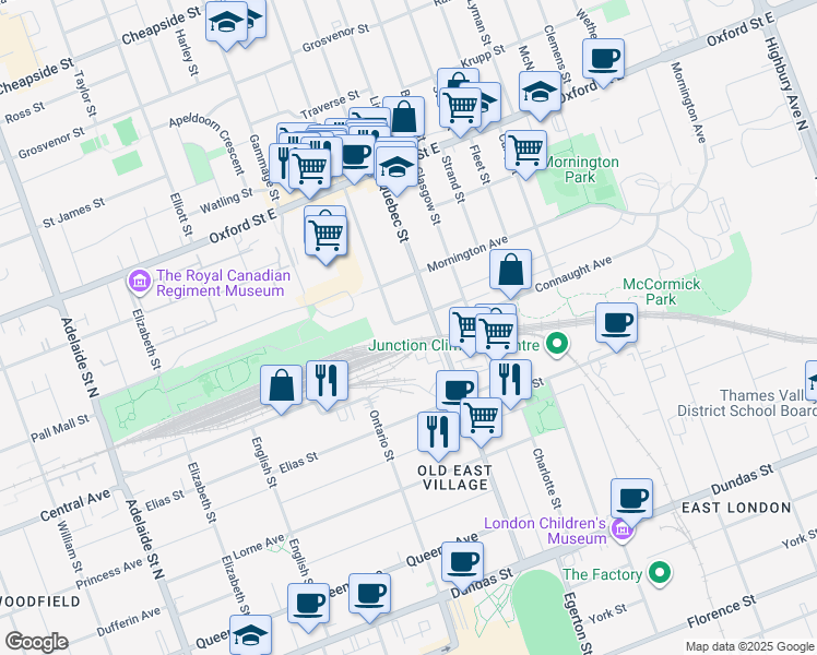 map of restaurants, bars, coffee shops, grocery stores, and more near 327 Salisbury Street in London
