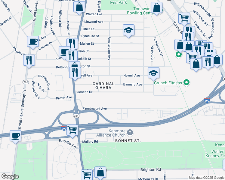 map of restaurants, bars, coffee shops, grocery stores, and more near 154 Joseph Drive in Tonawanda