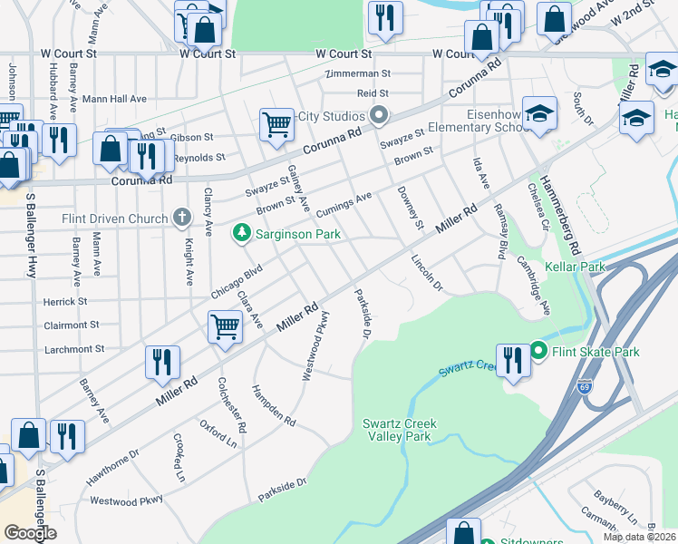 map of restaurants, bars, coffee shops, grocery stores, and more near 1551 Monteray Street in Flint