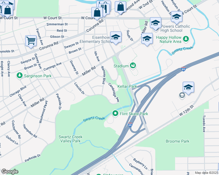 map of restaurants, bars, coffee shops, grocery stores, and more near 1822 Cambridge Avenue in Flint