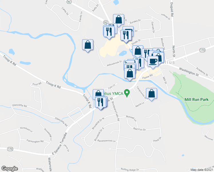 map of restaurants, bars, coffee shops, grocery stores, and more near 16 Tyler Court in Manlius