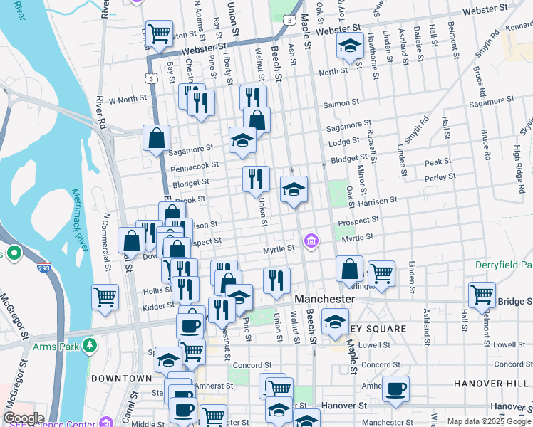 map of restaurants, bars, coffee shops, grocery stores, and more near 694 Union Street in Manchester