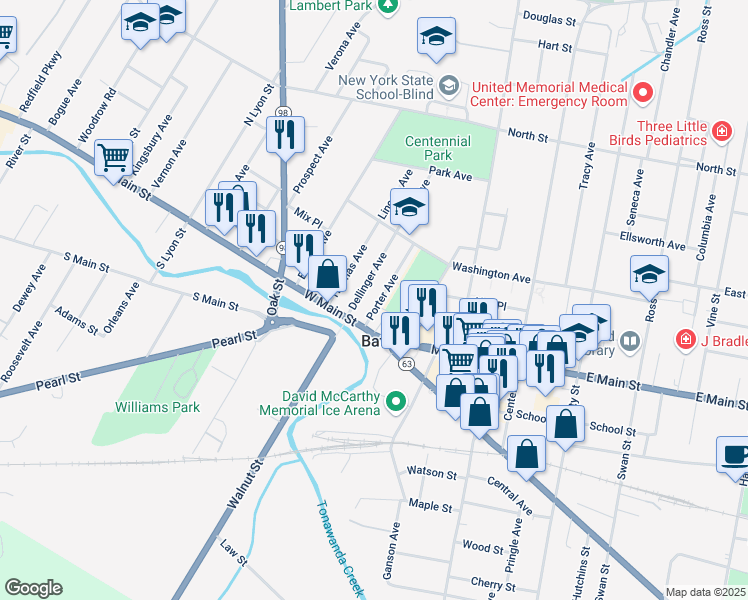 map of restaurants, bars, coffee shops, grocery stores, and more near 10 Porter Avenue in Batavia
