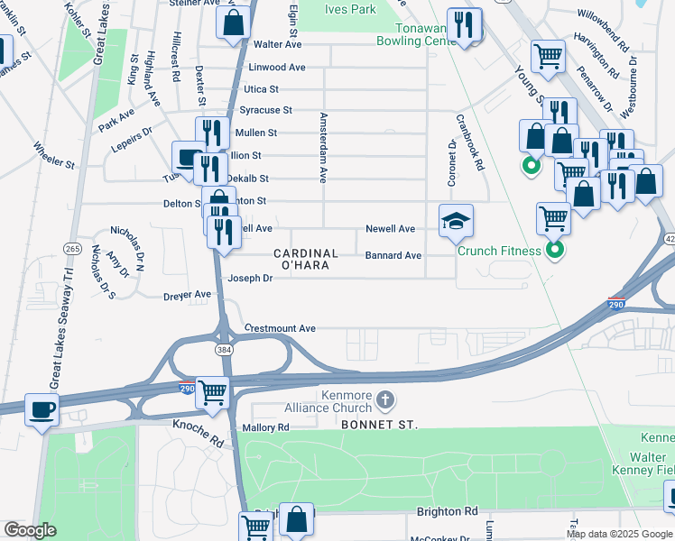 map of restaurants, bars, coffee shops, grocery stores, and more near 143 Joseph Drive in Tonawanda