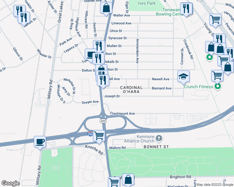 map of restaurants, bars, coffee shops, grocery stores, and more near 49 Joseph Drive in Tonawanda