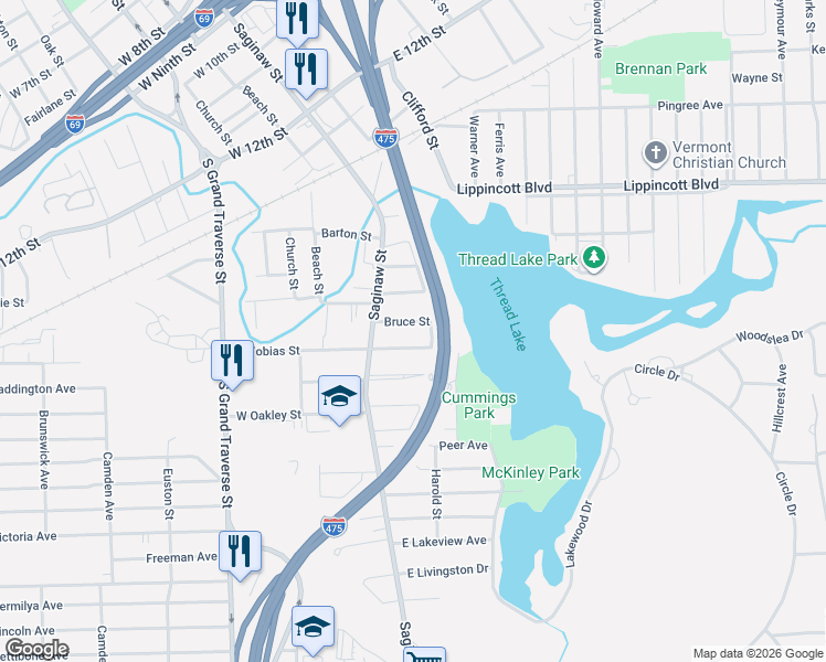 map of restaurants, bars, coffee shops, grocery stores, and more near 145 East Tobias Street in Flint