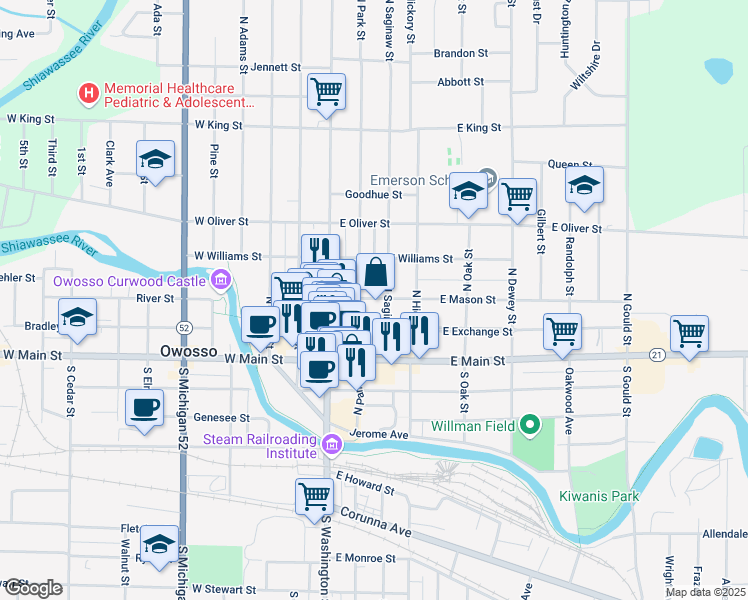 map of restaurants, bars, coffee shops, grocery stores, and more near 213 North Saginaw Street in Owosso