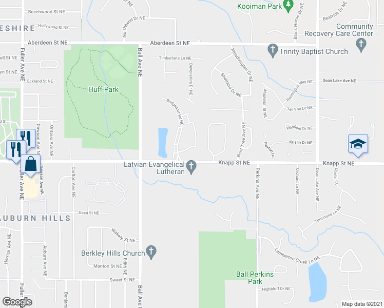 map of restaurants, bars, coffee shops, grocery stores, and more near 1767 Knapp Street Northeast in Grand Rapids