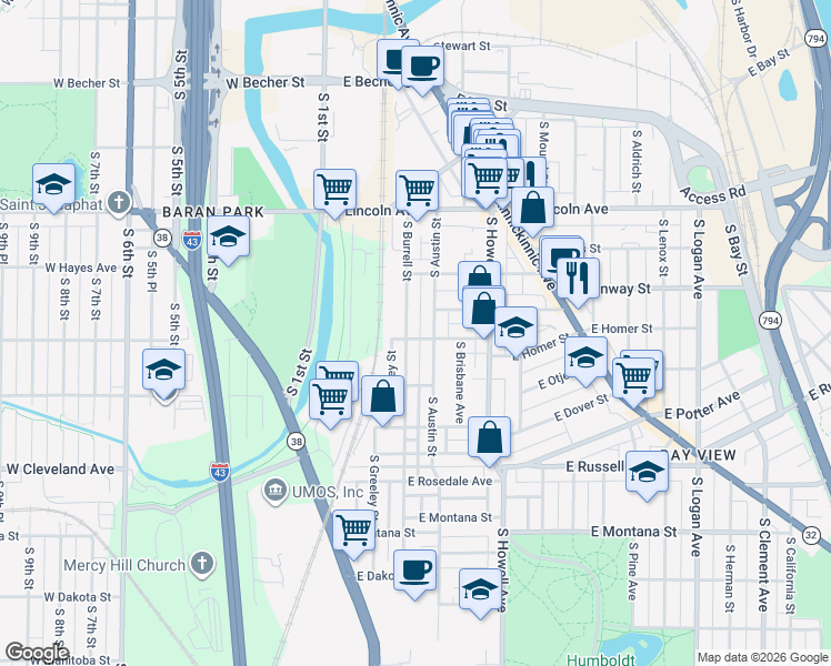map of restaurants, bars, coffee shops, grocery stores, and more near 2512 South Burrell Street in Milwaukee