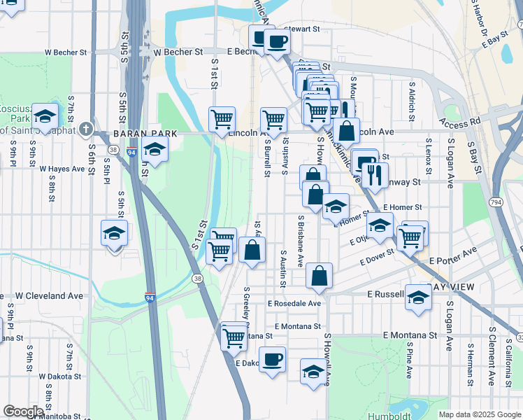 map of restaurants, bars, coffee shops, grocery stores, and more near 2509 South Greeley Street in Milwaukee