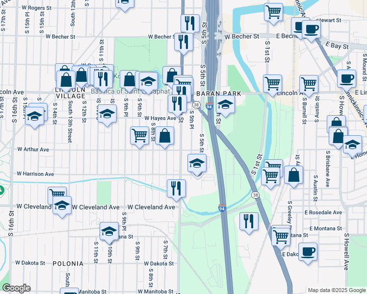 map of restaurants, bars, coffee shops, grocery stores, and more near 551 West Arthur Avenue in Milwaukee