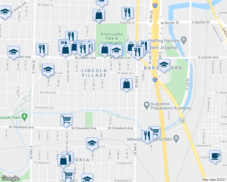 map of restaurants, bars, coffee shops, grocery stores, and more near 2501 South 9th Street in Milwaukee