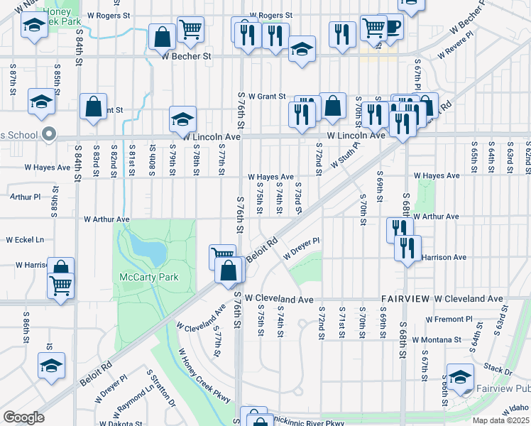 map of restaurants, bars, coffee shops, grocery stores, and more near 7505 West Arthur Avenue in West Allis