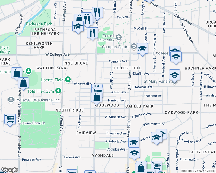 map of restaurants, bars, coffee shops, grocery stores, and more near 320 Garfield Avenue in Waukesha