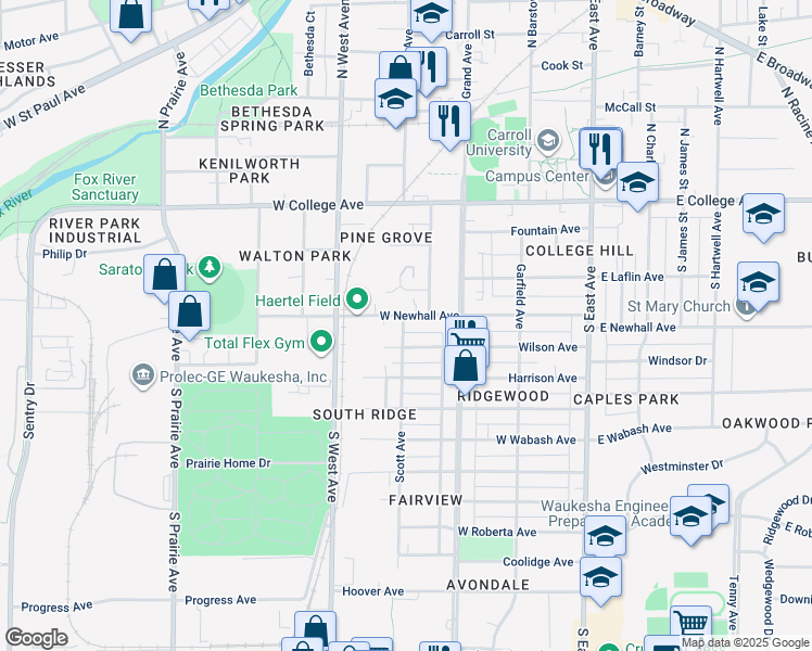 map of restaurants, bars, coffee shops, grocery stores, and more near 318 Scott Avenue in Waukesha