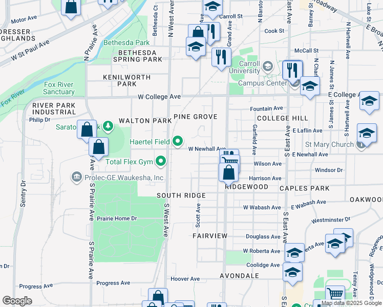 map of restaurants, bars, coffee shops, grocery stores, and more near 318 Scott Avenue in Waukesha