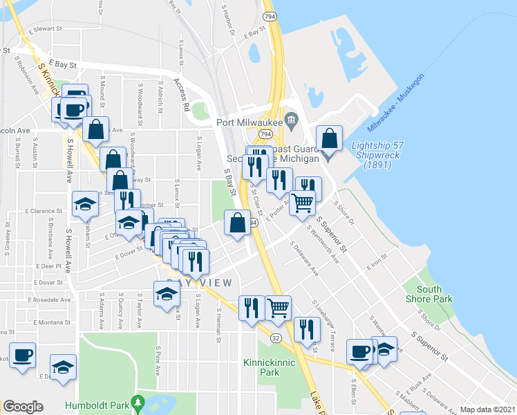 map of restaurants, bars, coffee shops, grocery stores, and more near 2371 S Delaware Ave in Milwaukee