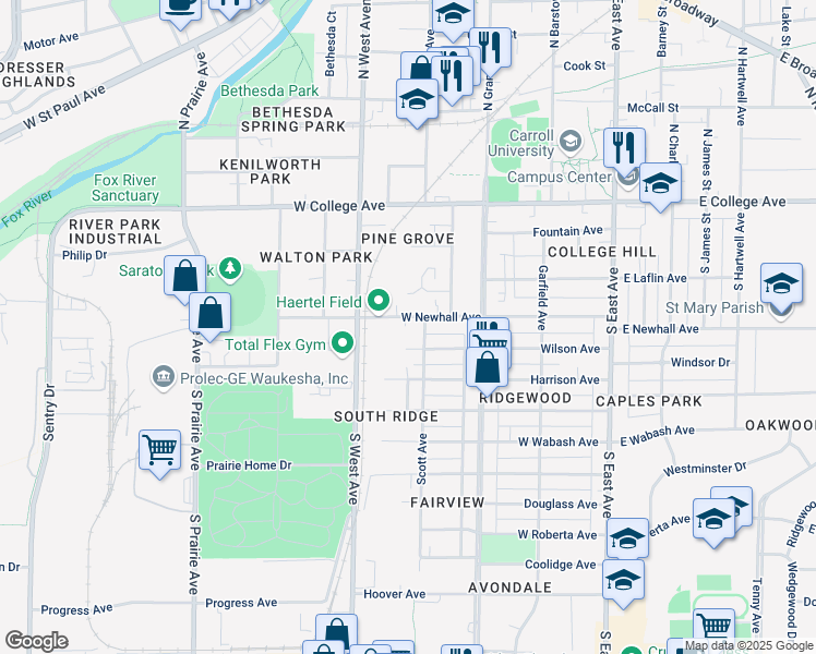 map of restaurants, bars, coffee shops, grocery stores, and more near 318 Scott Avenue in Waukesha