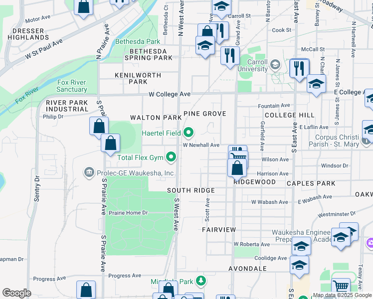 map of restaurants, bars, coffee shops, grocery stores, and more near 445 West Newhall Avenue in Waukesha