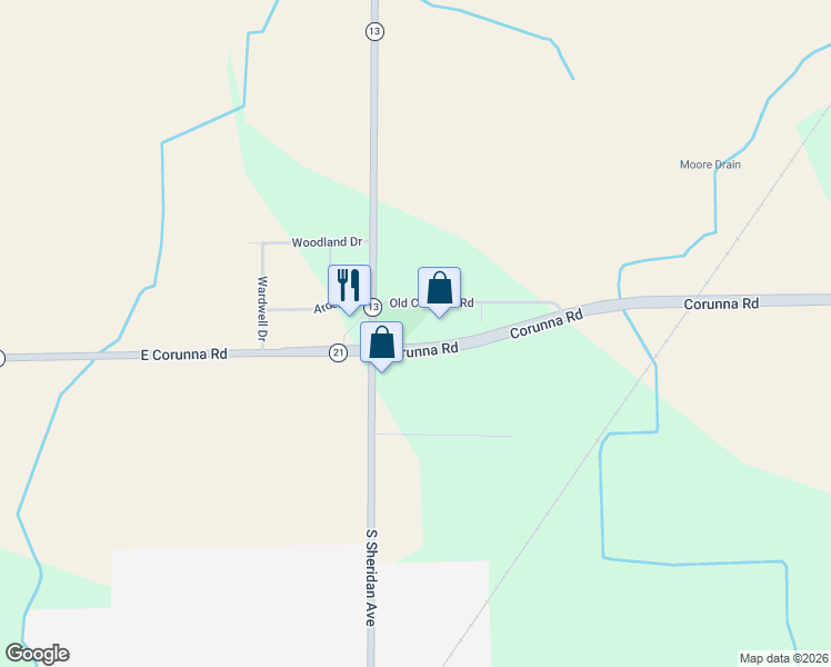 map of restaurants, bars, coffee shops, grocery stores, and more near 12502 Corunna Road in Lennon