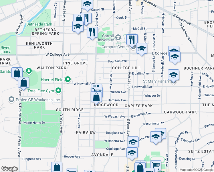 map of restaurants, bars, coffee shops, grocery stores, and more near 320 Garfield Avenue in Waukesha