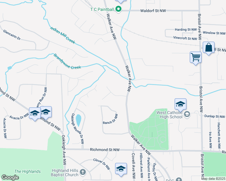 map of restaurants, bars, coffee shops, grocery stores, and more near 1814 Corville Court Northwest in Grand Rapids