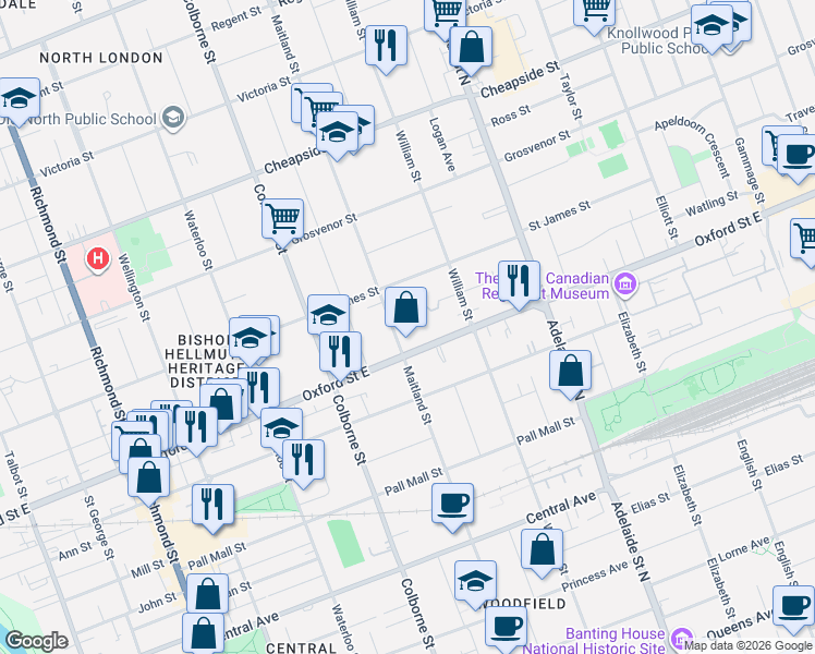 map of restaurants, bars, coffee shops, grocery stores, and more near 804 Maitland Street in London