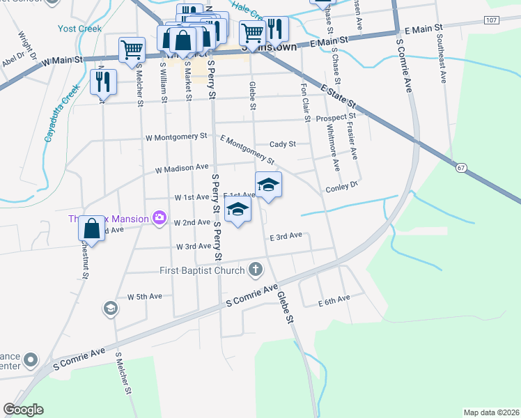 map of restaurants, bars, coffee shops, grocery stores, and more near 502 Glebe Street in Johnstown