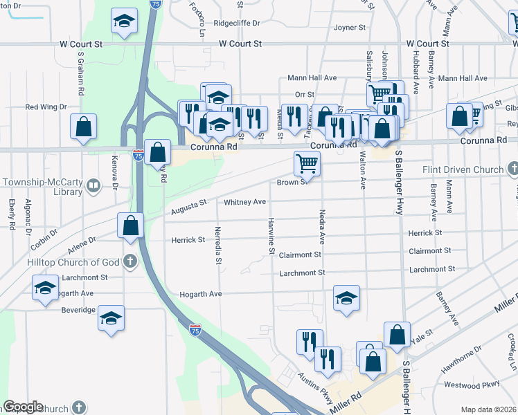 map of restaurants, bars, coffee shops, grocery stores, and more near 3234 Arlene Avenue in Flint