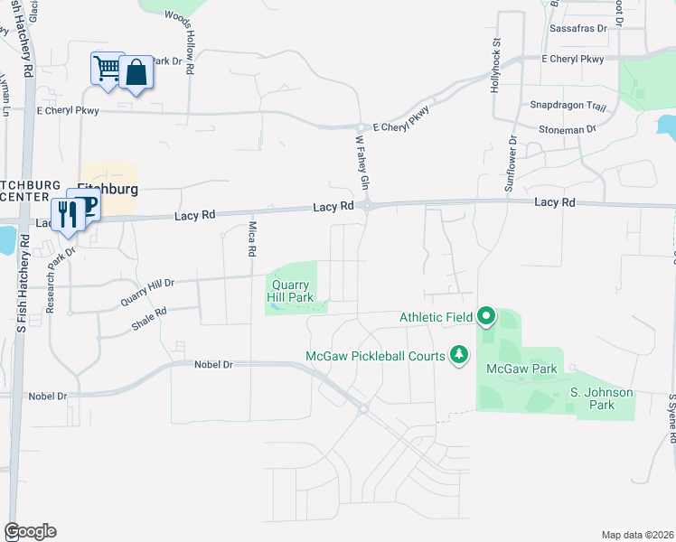 map of restaurants, bars, coffee shops, grocery stores, and more near 2656 Dungarvan Road in Fitchburg